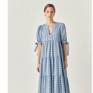 English Factory Blue Checkered Midi Dress